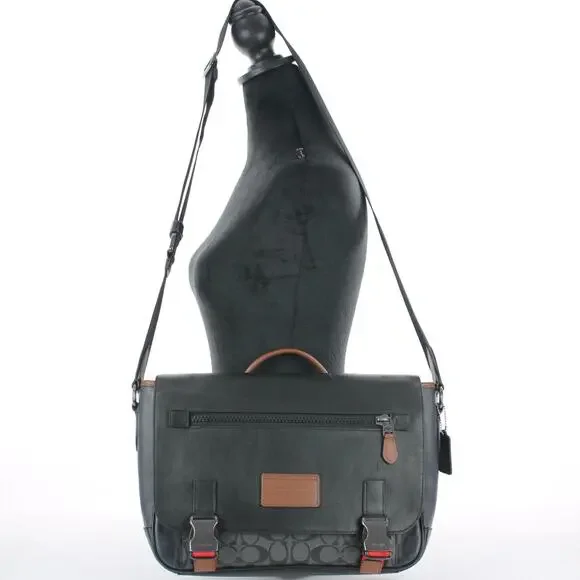 Coach Signature Messenger Bag Gray Black Canvas Leather Crossbody - Picture 6 of 8